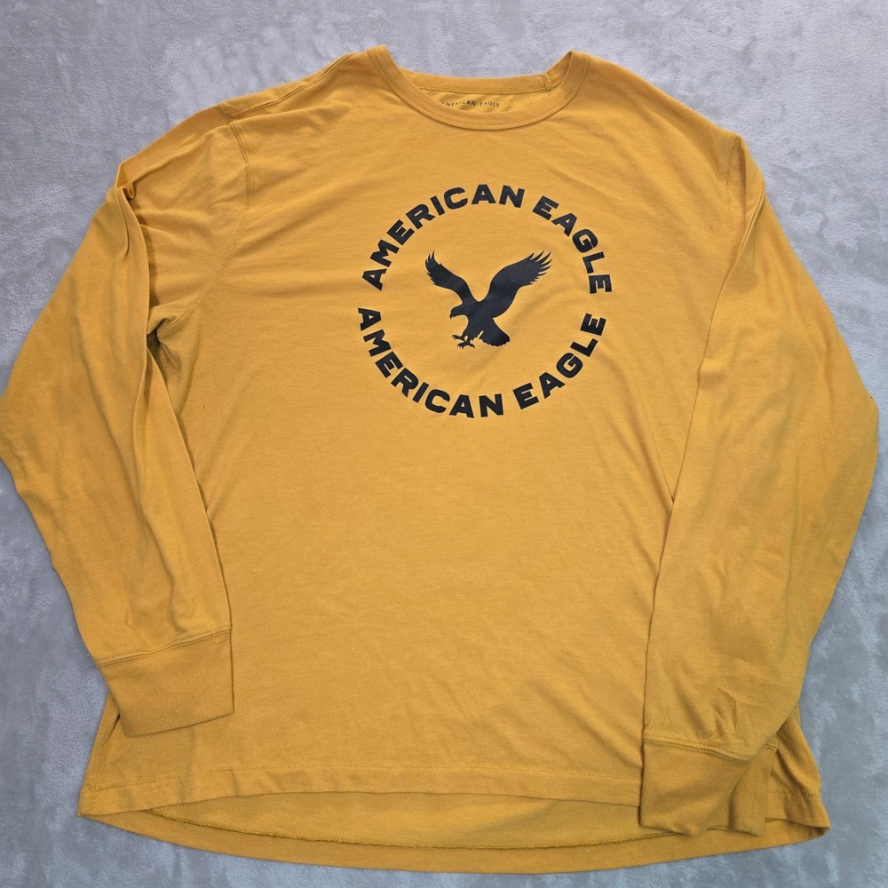 American Eagle Mens XXL Mustard Yellow Long Sleeve Graphic Logo T-Shirt